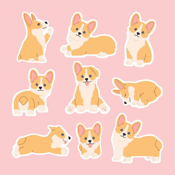 Vettore set di adesivi corgi kawaii