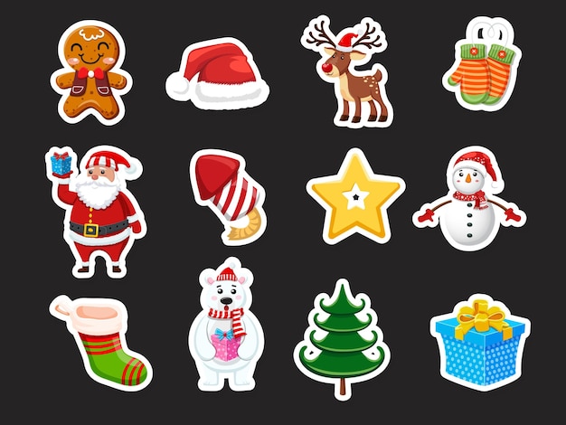 Set di adesivi di icone di Natale. Evento celebrativo per Buon Natale e Capodanno. Illustrazione di clipart vettoriale su sfondo di colore