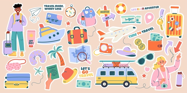 Set di adesivi, elementi di viaggio disegnati a mano con lettere