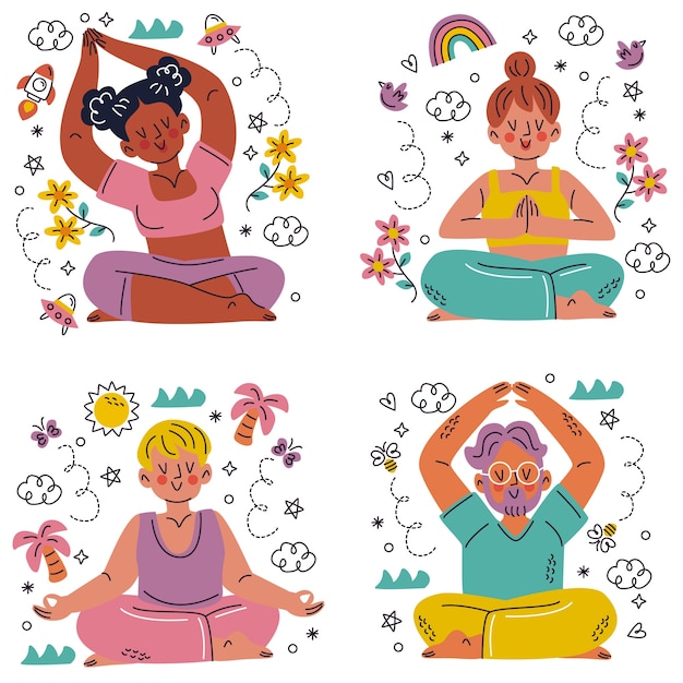 Set di adesivi per meditazione doodle disegnato a mano