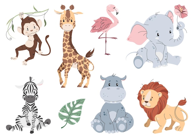 Set di adorabili animali africani su sfondo bianco cartone animato piccoli animali in stile piatto safari