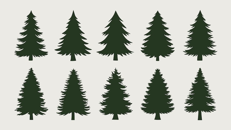 Vettore set di alberi d'epoca e silhouette forestali