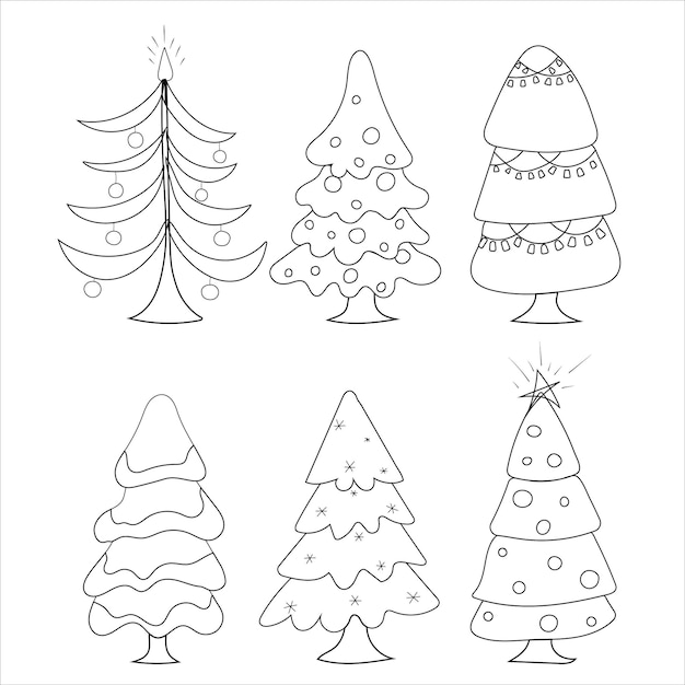 Set di alberi di Natale Disegna a mano in stile scarabocchio