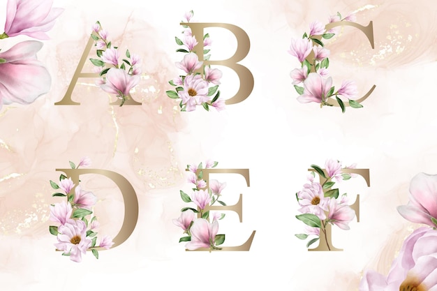 Set di alfabeti floreali ad acquerello di a, b, c, d, e, f con fiori e foglie disegnati a mano