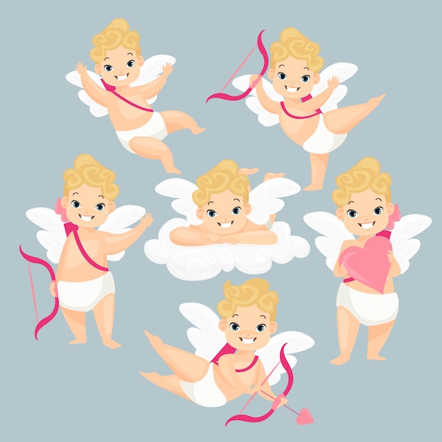 Set di amurs bambino carino Amore personaggi dei cartoni animati di amorini con ali e frecce rosa che volano tra le nuvole