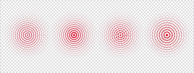 Set di anelli di onde sonore rosse di linee a trattini lineari Anelli con linee radiali Icona bersaglio epicentro Circoli di vortice concentrici Illustrazione vettoriale su sfondo trasparente
