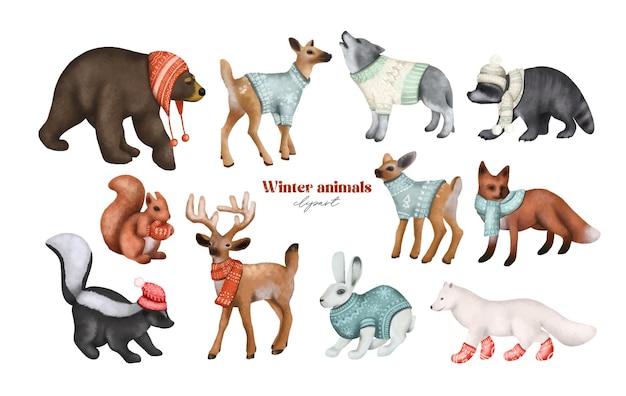 Set di animali del bosco in abiti invernali, clipart di simpatici personaggi natalizi