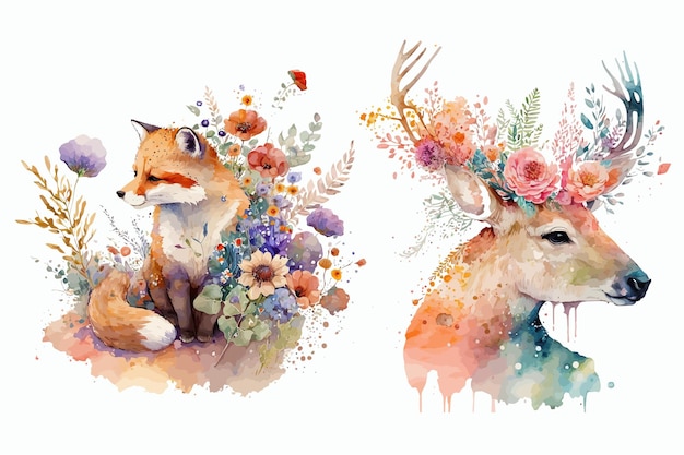 Set di animali Safari Carino cervo volpe in stile acquerello illustrazione vettoriale isolata