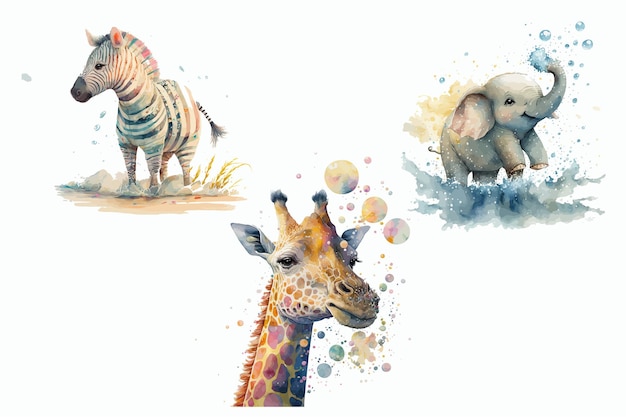 Set di animali Safari Giraffa elefanti zebra in stile acquerello illustrazione vettoriale isolata