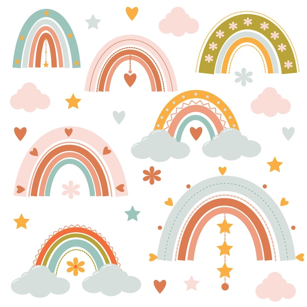 Set di arcobaleni colorati carini con diversi elementi decorativi in stile piatto per il design dei bambini