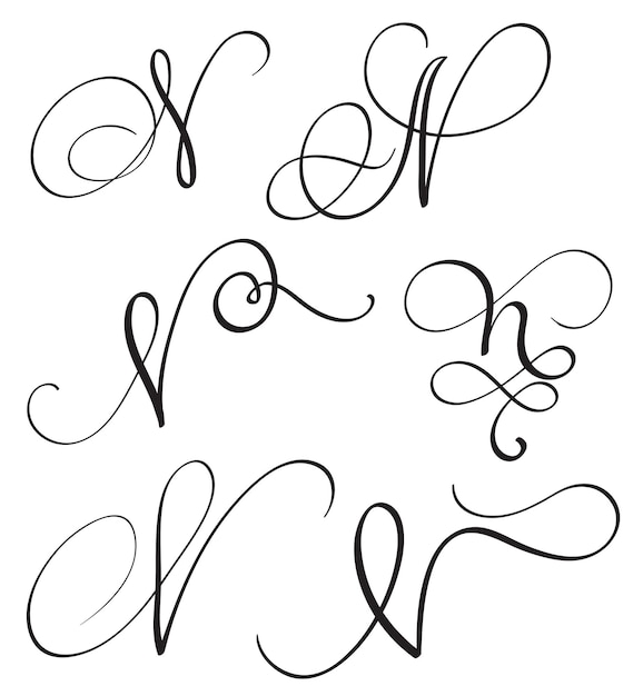 Set di arte calligrafia lettera N con fioritura di vortici decorativi vintage Illustrazione vettoriale EPS10