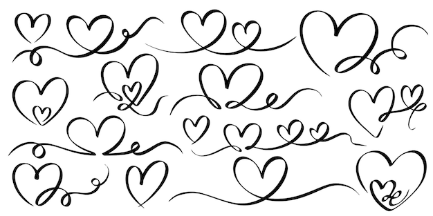 Set di arte della linea del cuore Stile di schizzo di Doodle di illustrazione vettoriale dell'icona del cuore per il design concettuale