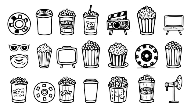 Set di arti cinematografiche e di intrattenimento disegnate a mano icona doodle
