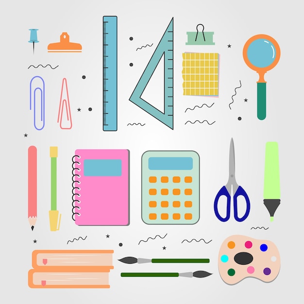 set di articoli di cancelleria logo back to school tool icon vector illustration design
