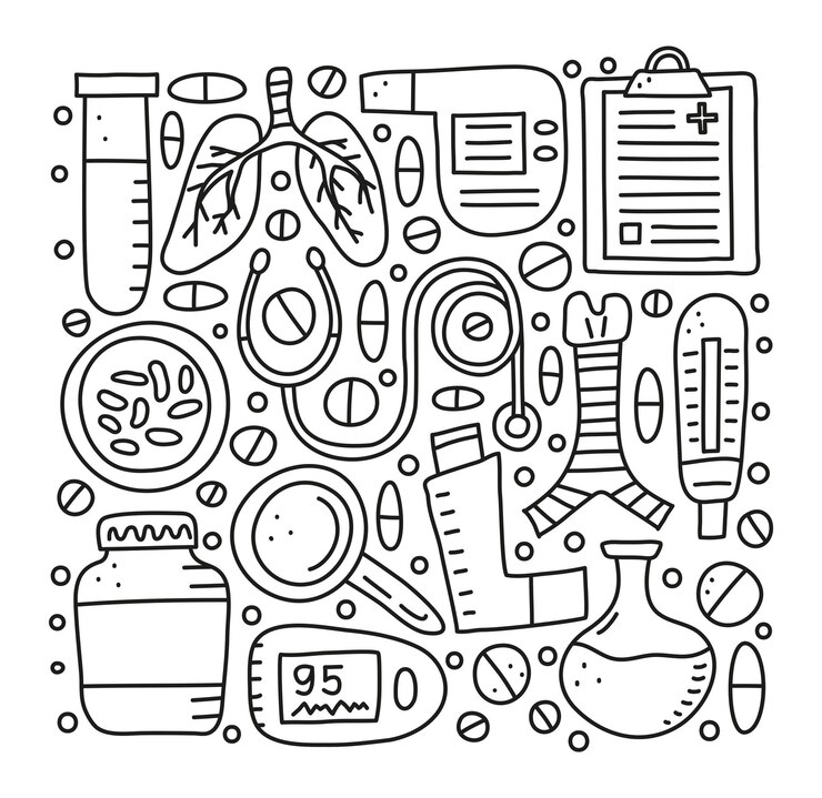 Set di articoli di polmonologia con contorni scarabocchiati