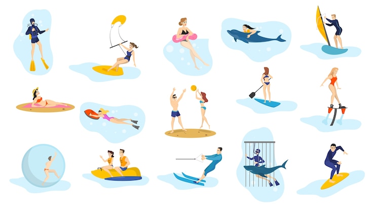 Vettore set di attività oceaniche estive. sport acquatici, vacanze