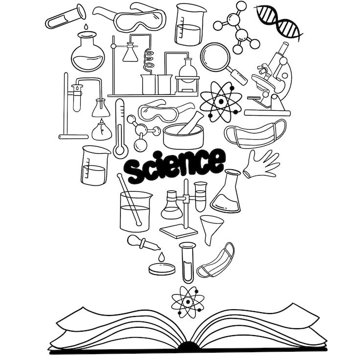 Vettore set di attrezzature di laboratorio in stile scarabocchiato in bianco e nero disegnato a mano chimica infantile