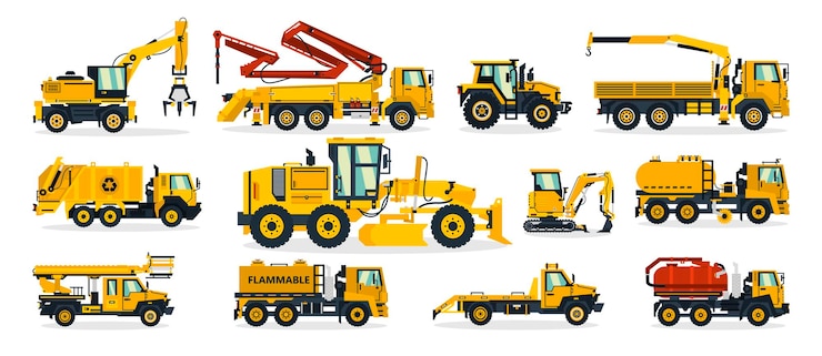 Set di attrezzature per l'edilizia Trattore per escavatore pompa per calcestruzzo gru camion della spazzatura livellatrice camion carburante carro attrezzi Veicolo di servizio Illustrazione vettoriale