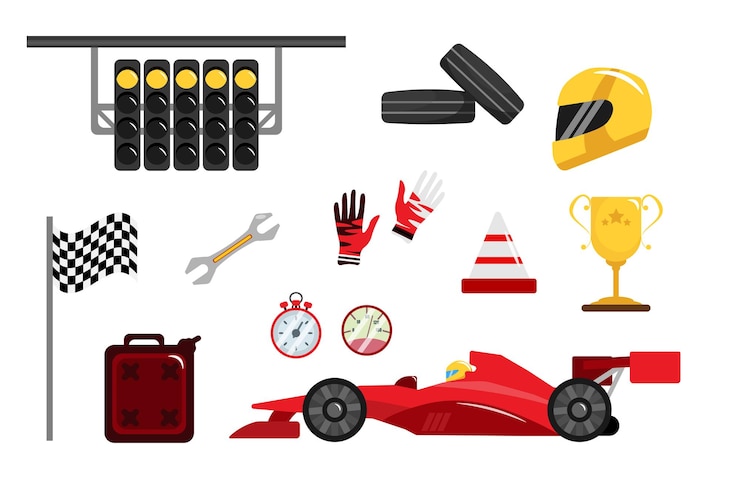 Vettore set di attrezzature per piloti in stile cartoon illustrazione vettoriale di auto di formula 1 semaforo casco guanti vittoria coppa finitura bandiera pneumatici di scorta chiave tanica di carburante su sfondo bianco