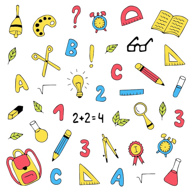 Set di attrezzature scolastiche disegnate a mano