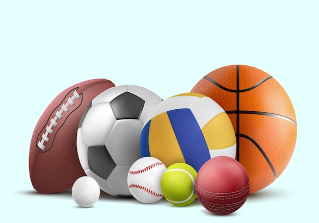 Set di attrezzature sportive isolate su uno sfondo bianco 3d astratto fiamma calcio calcio palla di fuoco