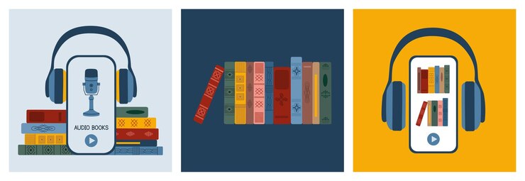 Vettore set di audiolibri. applicazione online o lettore multimediale per ascoltare la letteratura digitale