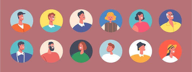 Set di avatar di persone isolate icone rotonde Personaggi maschili o femminili con aspetto sociale ed età diverse