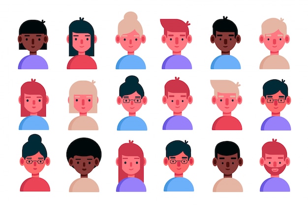 Set di avatar isolato su sfondo bianco. Volti diversi, espressioni felici. Stile cartone animato piatto carino e semplice.
