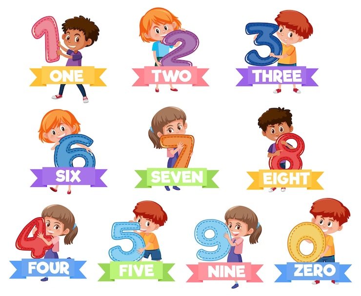 Vettore set di bambini diversi che tengono i numeri isolati su bianco