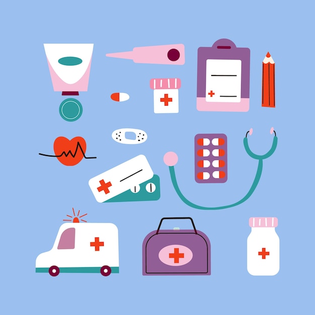 Set di bambini medico ragazzo e ragazza in uniforme medica Stetoscopio cartoon siringa termometro pil