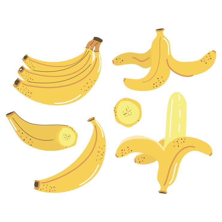Set di banane gialle disegnate a mano fetta di banana sbucciata Illustrazione vettoriale piatta