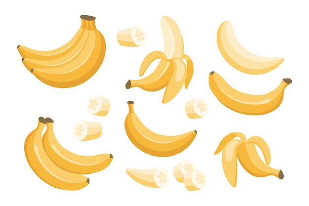 Set di banane icone di banane a metà sbucciate e fette di banane grappolo di banane dessert dolci esotici