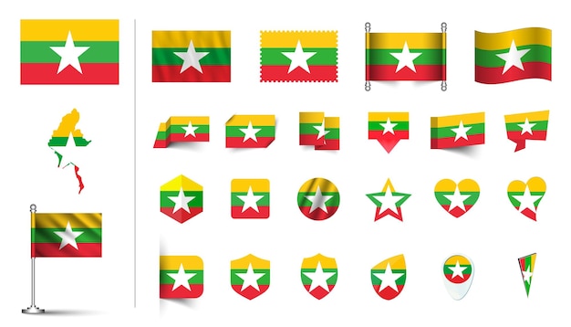 set di bandiera del Myanmar piatto set di icone vettoriale illustrazione pulsante della bandiera agitando simboli di rendering 3D