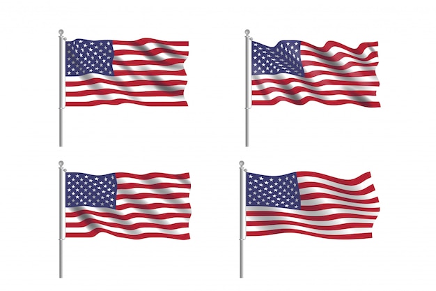 Set di bandiera USA. Raccolta delle bandiere americane che si muovono nel vento nel vettore