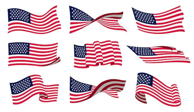 Set di bandiere americane su sfondo bianco bandiere nazionali simboli ondulati disegno di striscione