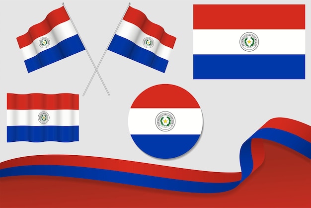Set di bandiere del paraguay in diversi disegni Icona scuotimento bandiere con nastro con sfondo
