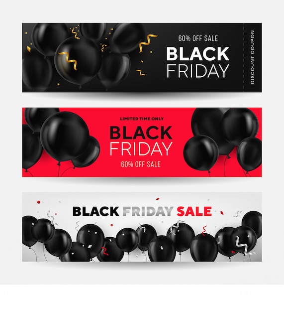 Set di bandiere orizzontali di vendita del Black Friday. Palloncini lucidi volanti su bianco e rosso. Coriandoli e serpentine che cadono. Web-banner. Coupon. Pagina di destinazione