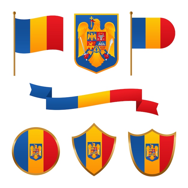 Set di bandiere rumene sfumate ed emblemi nazionali