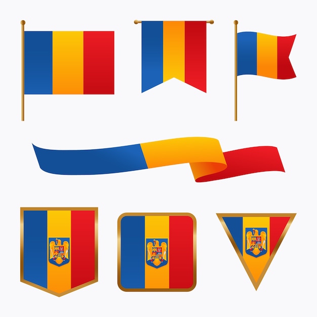 Set di bandiere rumene sfumate ed emblemi nazionali