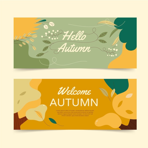 Set di banner autunnali piatti orizzontali disegnati a mano
