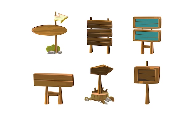 Set di banner cartoni animati vuoti Insegne in legno con posto per il testo Segnali di direzione Elementi grafici per gioco per cellulare Illustrazione vettoriale colorato in stile piatto isolato su sfondo bianco