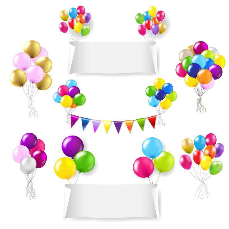 Vettore set di banner di carta bianca con palloncino di colore impostato su sfondo bianco con maglia sfumata,