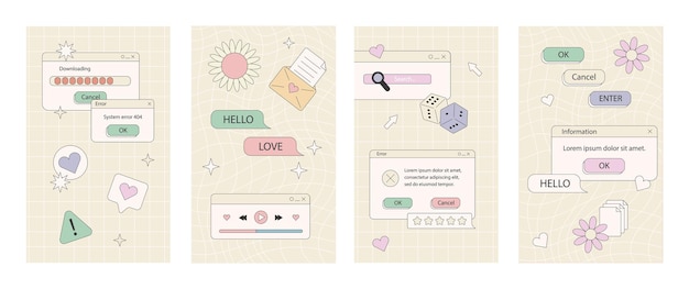 Set di banner di cartoni animati retrò cornici geometriche negli anni '90 in stile Memphis elementi dell'interfaccia utente icone
