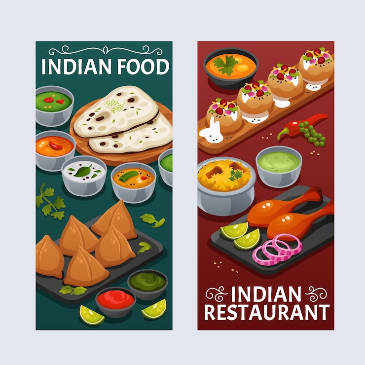 Vettore set di banner di cibo indiano a cartoni animati isometrici