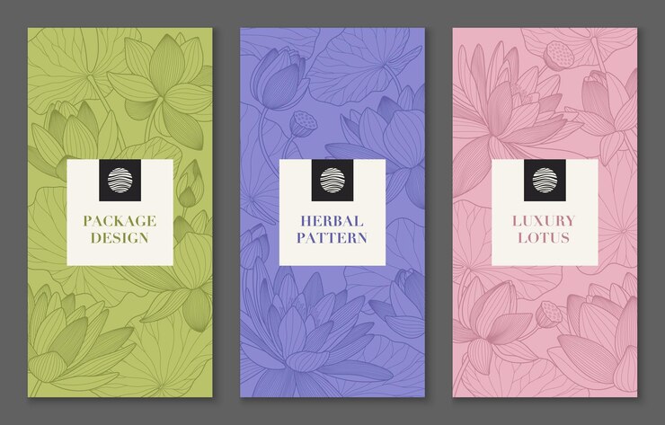 Set di banner di motivi pastello con fiori di loto e foglie Design del pacchetto di lusso con giglio di linea