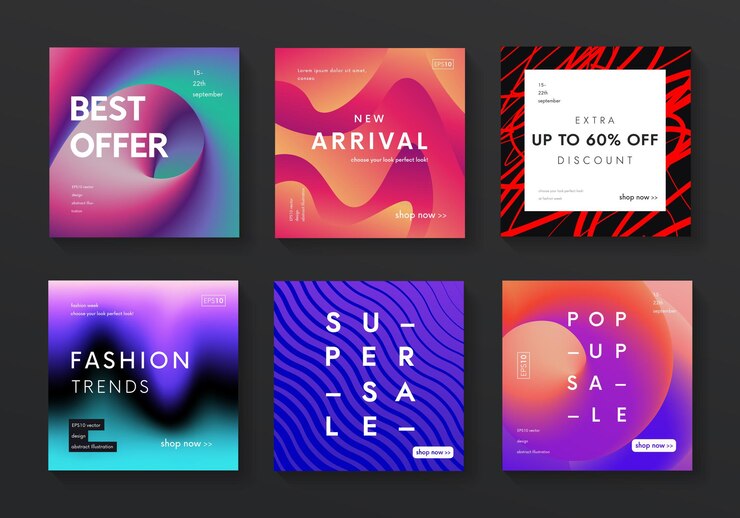 Vettore set di banner di vendita moderna. sfumatura fluida alla moda e sfondi a colori liquidi. poster promozionali futuristici disegno vettoriale.