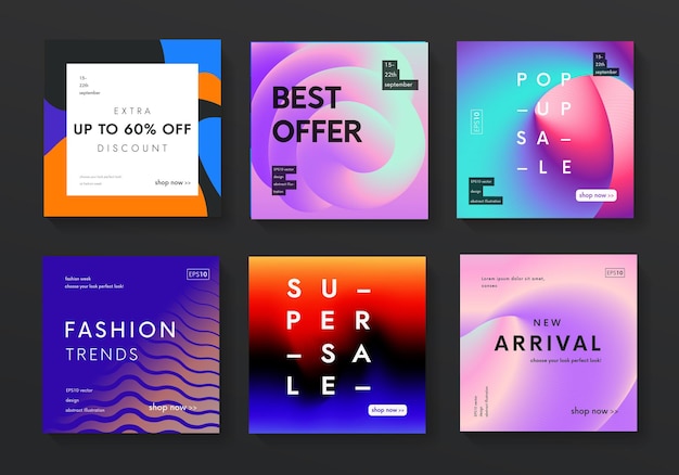 Set di banner di vendita moderna. Sfumatura fluida alla moda e sfondi a colori liquidi. Poster promozionali futuristici disegno vettoriale.
