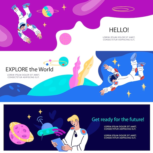Set di banner o volantini sull'argomento cosmo con astronauta o cosmonauta