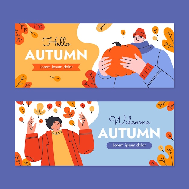 Set di banner orizzontali autunnali piatti disegnati a mano