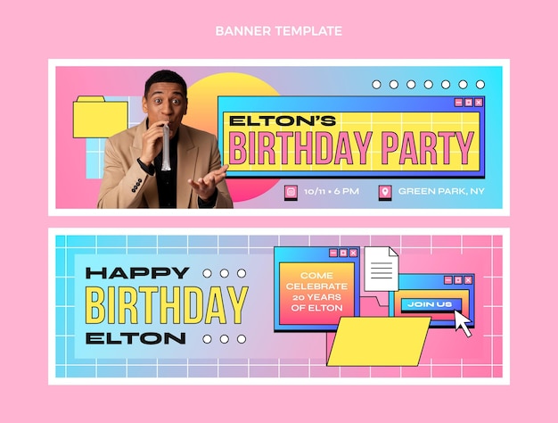 Set di banner orizzontali di compleanno retrò sfumato vaporwave